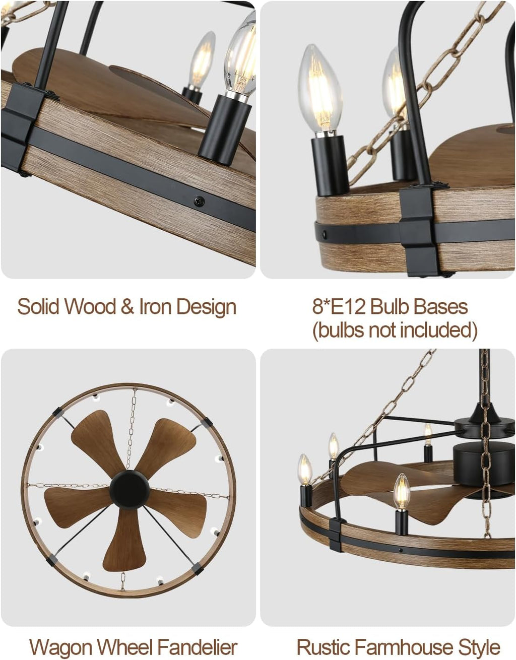 Bella Depot 36' Farmhouse Ceiling Fan with Light - Wagon Wheel Fandelier, 8-Light Rustic Chandelier Fan, Remote Control, for Bedroom Kitchen Dining Room (Bulbs Not Included)