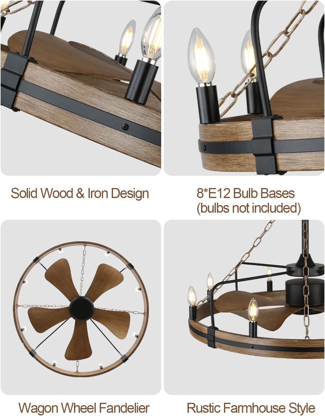Bella Depot 36' Farmhouse Ceiling Fan with Light - Wagon Wheel Fandelier, 8-Light Rustic Chandelier Fan, Remote Control, for Bedroom Kitchen Dining Room (Bulbs Not Included)