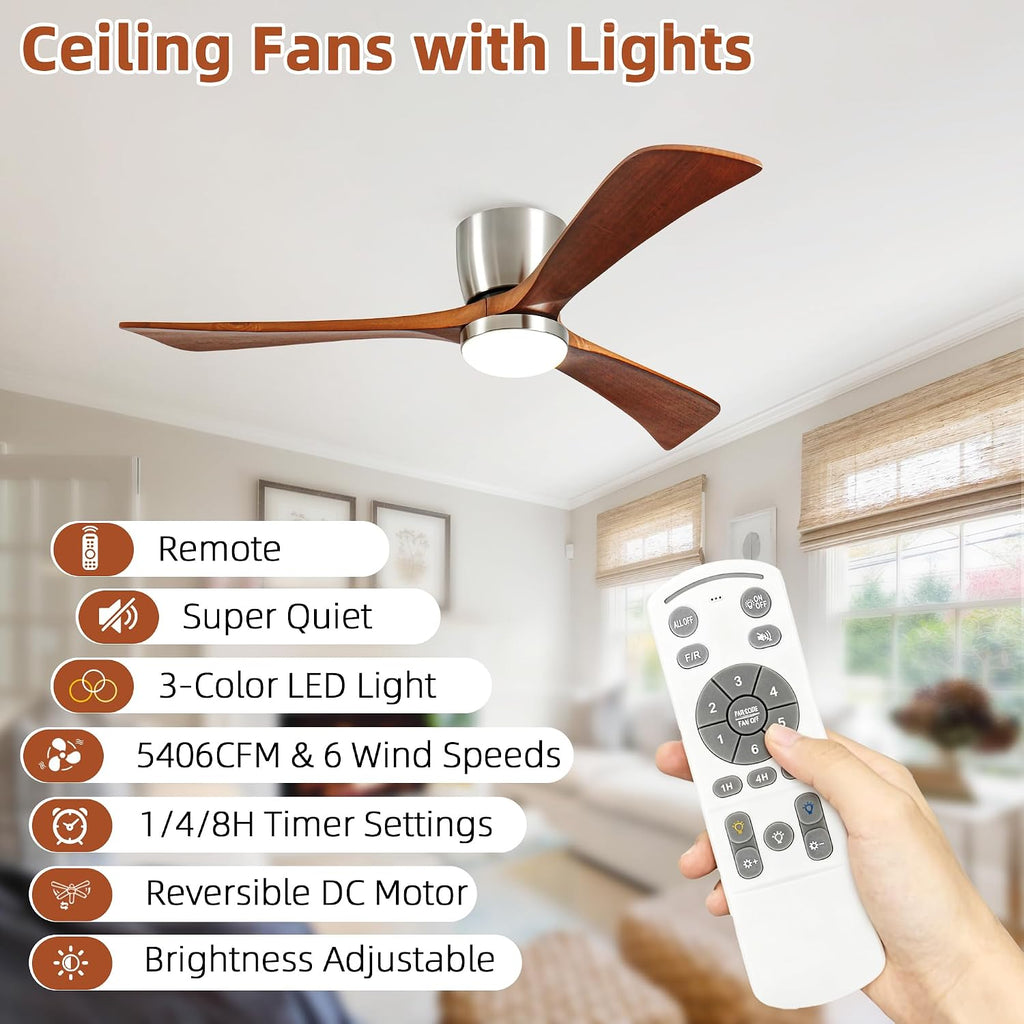 Ceiling Fans with Lights 52 Inch Flush Mount, Wood Blade, LED Dimmable DC Reversible Modern Ceiling Fan with Remote Control for Bedrooms, Living Rooms, Patio, Brushed Nickel