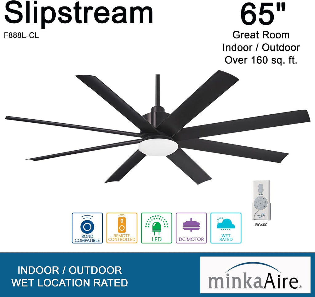 MINKA-AIRE F888L-CL Slipstream 65 Inch Outdoor Ceiling Fan with Dimmable LED Light and DC Motor, Coal