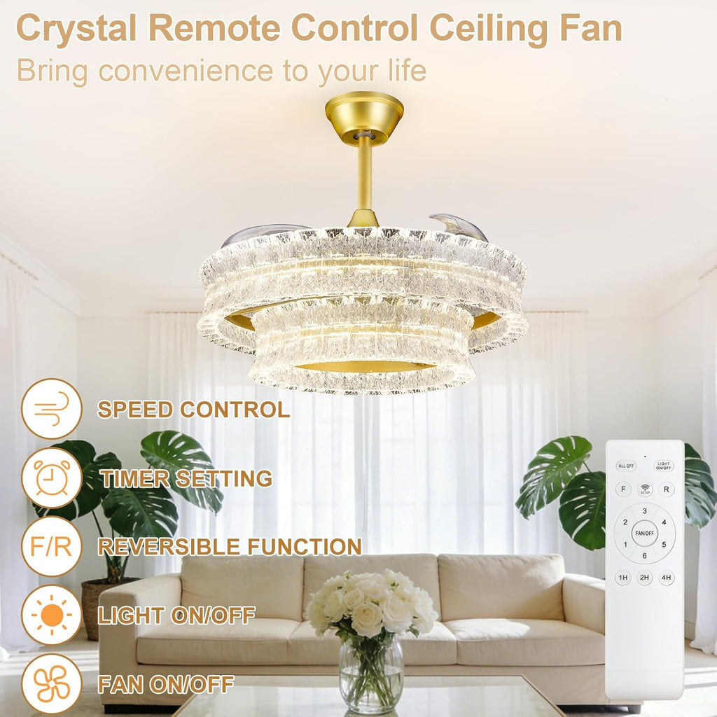 Depuley Crystal Ceiling Fans with Lights: 24' Gold Cagd Fan with Remote Control - Fandelier Fan Light for Girl's Bedroom Living Room Nursery