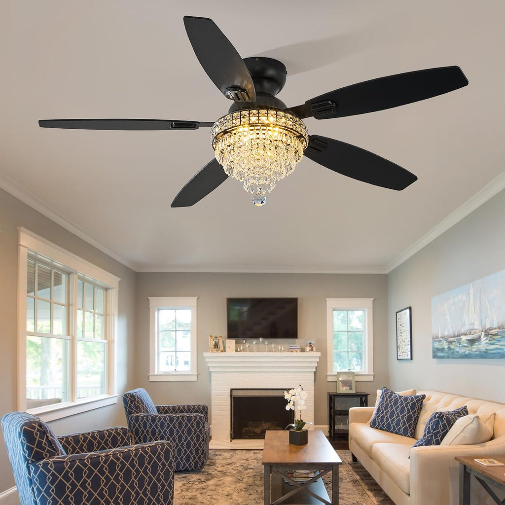 Crystal Ceiling Fan Fandelier with Lights-Ceiling Fans with Lights,54' Low Profile and Remote Control, Flush Mount, Reversible, Dimmable, Noiseless, Black Ceiling Fan for Bedroom