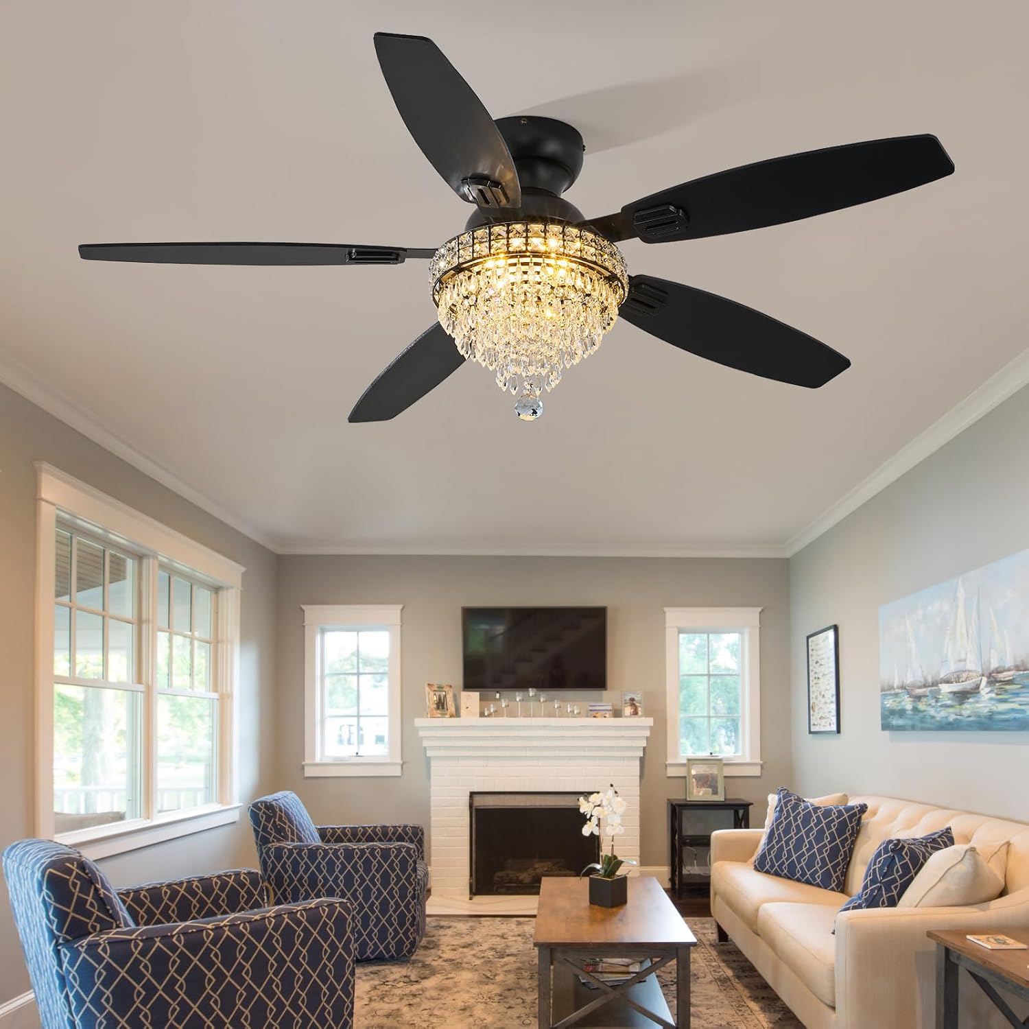 Crystal Ceiling Fan Fandelier with Lights-Ceiling Fans with Lights,54' Low Profile and Remote Control, Flush Mount, Reversible, Dimmable, Noiseless, Black Ceiling Fan for Bedroom