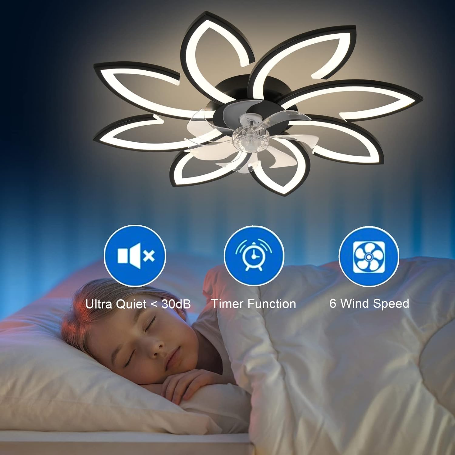 35' Geometric Ceiling Fan with Light Remote Control, 6 Speeds 3 Colors, Black Low Profile Flush Mount Ceiling Fan for Kitchen Bedroom Living Room