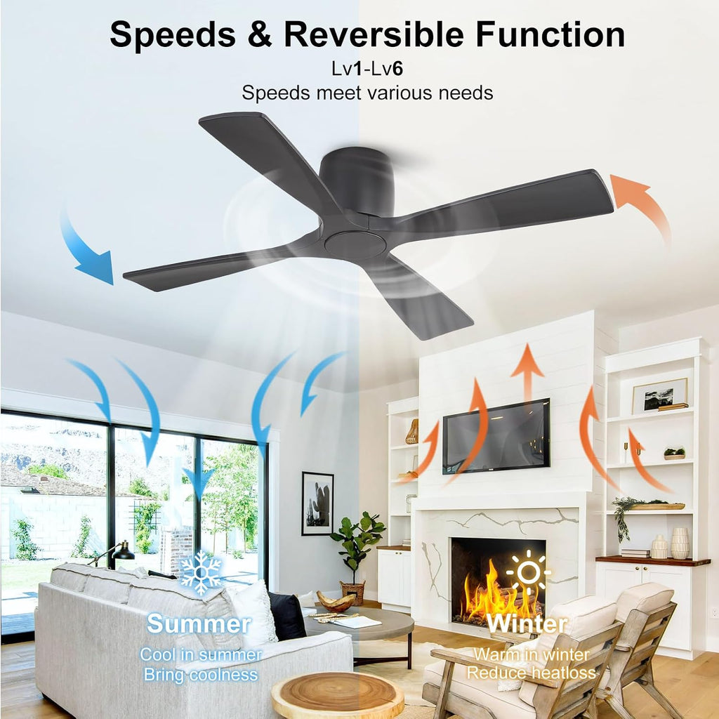 WINGBO 48 Inch Ceiling Fan Without Light,Solid Wood Flush Mount Ceiling Fan with Remote Control, Reversible DC Motor, 4 Blades, 6-Speed Quiet Performance, for Bedroom & Living Room, Black