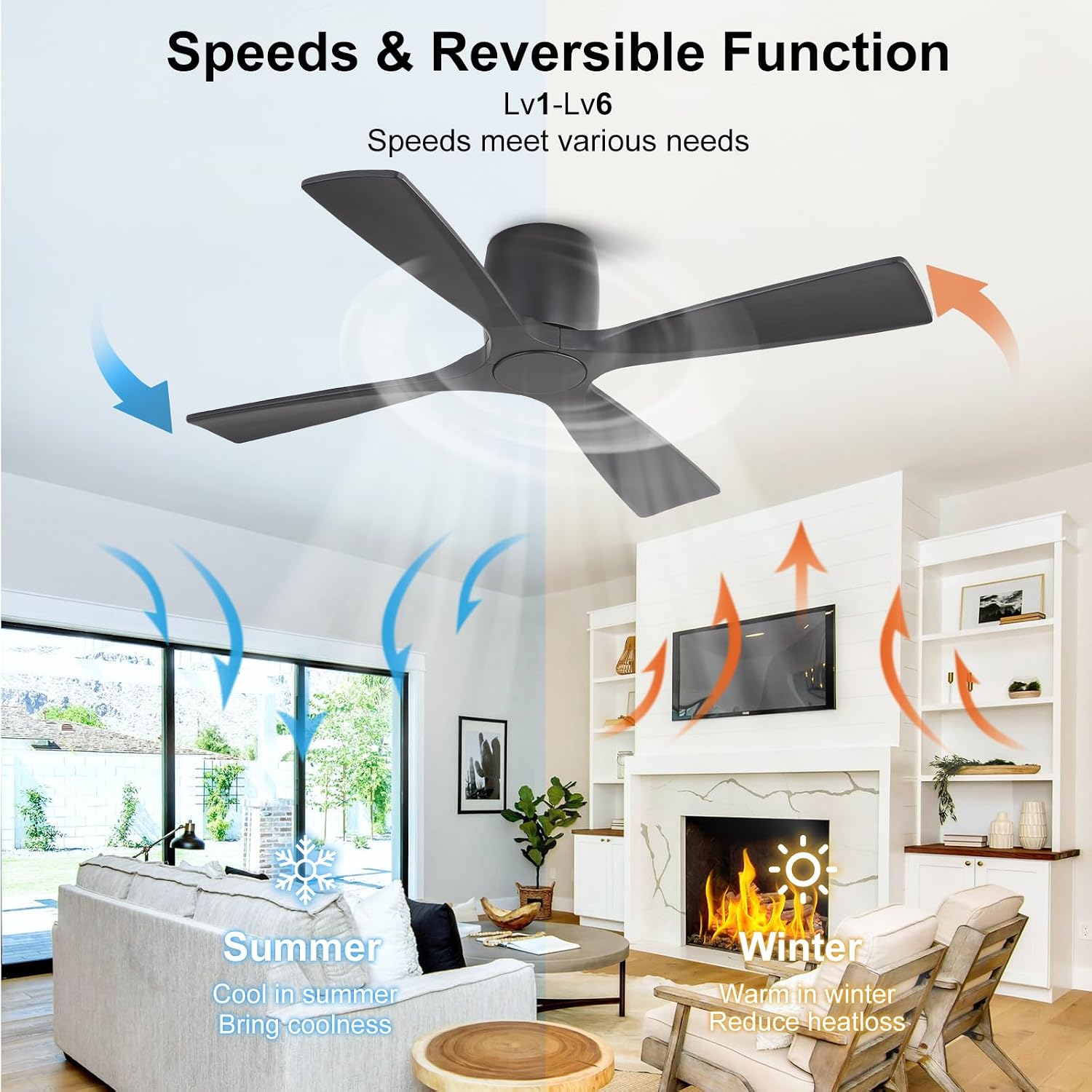 WINGBO 48 Inch Ceiling Fan Without Light,Solid Wood Flush Mount Ceiling Fan with Remote Control, Reversible DC Motor, 4 Blades, 6-Speed Quiet Performance, for Bedroom & Living Room, Black