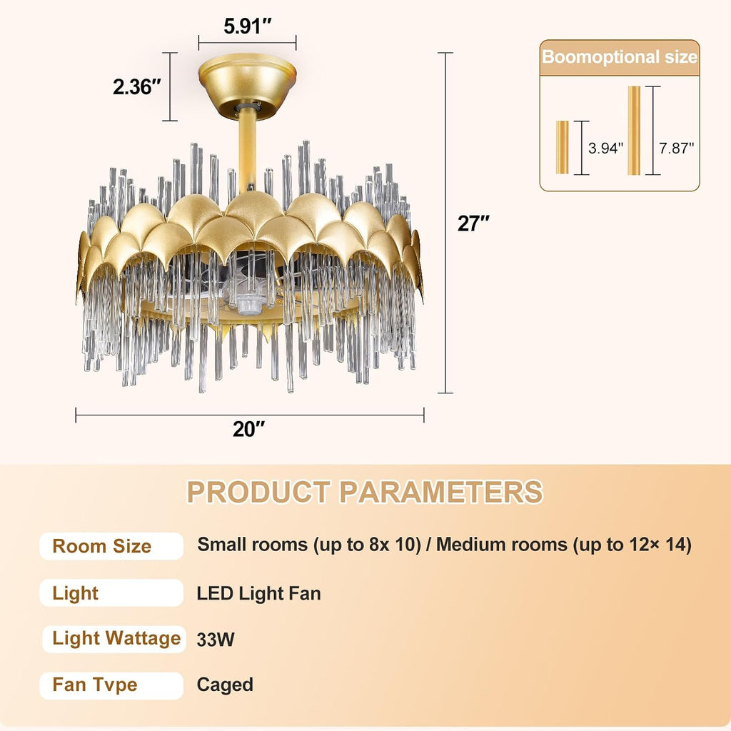 Depuley Bedroom Ceiling Fan with Lights: 20' Gold Chandelier Cagd Fan with Remote Control - Modern Crystal Fandelier for Girl's Bedroom Living Room Nursery
