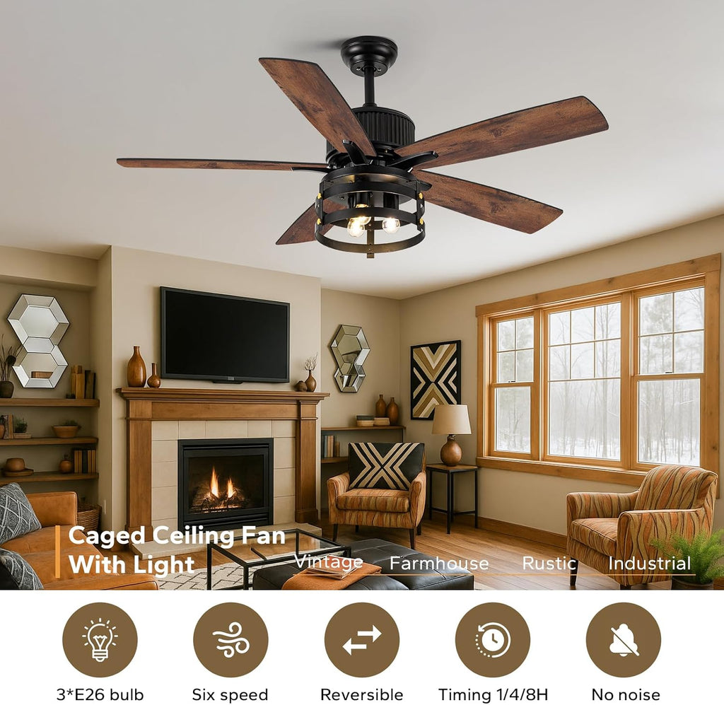 Farmhouse 52 inch Ceiling Fans with Lights and Remote, 2 Sets of Fan Blades, 4 Colors, Outdoor Ceiling Fan for Patio with Light, Wood Ceiling Fans with Timer Reversible DC Motor for Porch