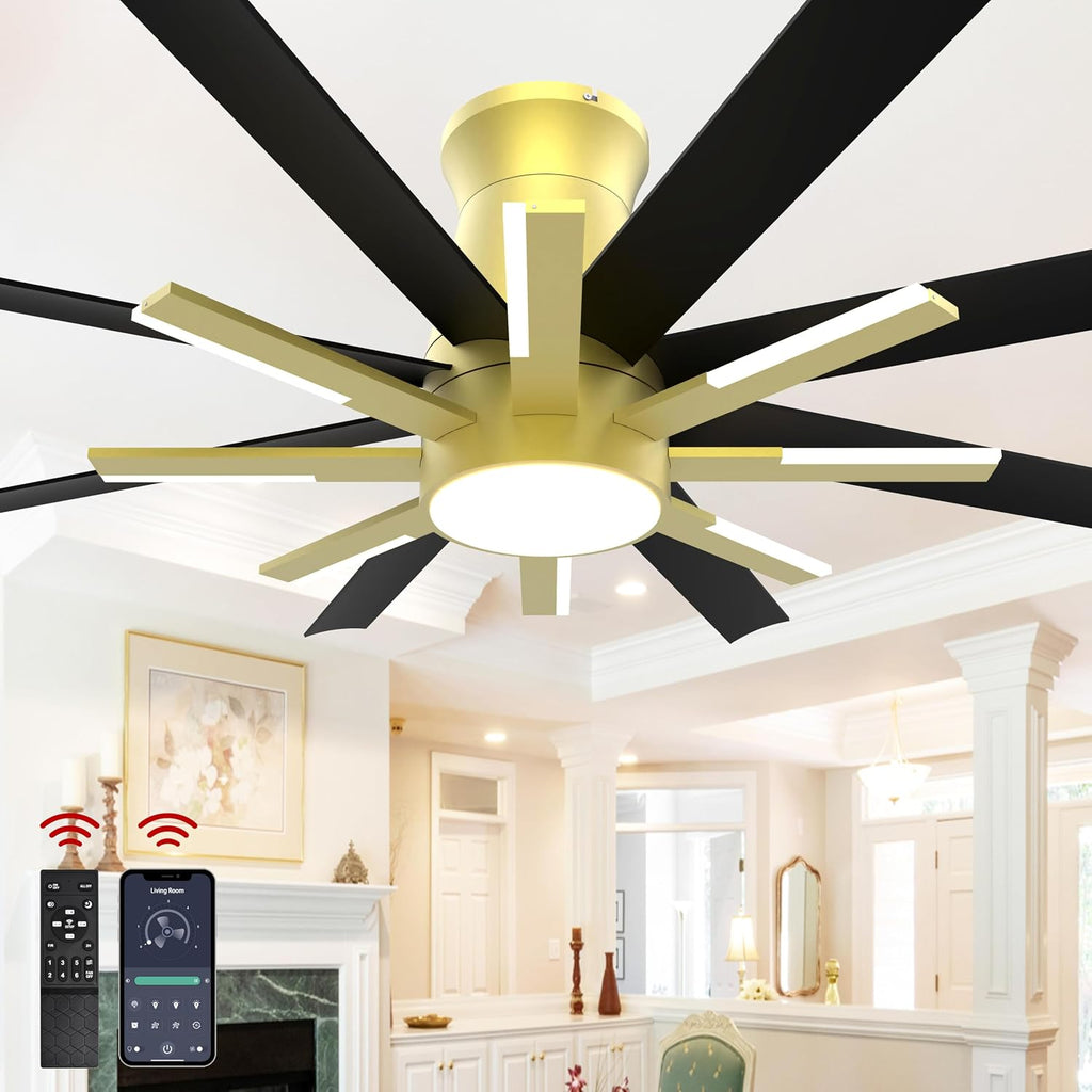 60 inch Black Ceiling Fans with Lights and Remote, Flush Mount Ceiling Fan for Living Room Bedoom，6 Speed Reversible，8 Blades and 9 Lights，3 CCT，Black Gold