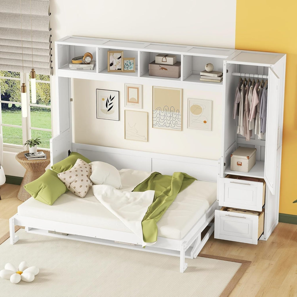 MERITLINE Queen Murphy Bed with Storage Shelves and Wardrobe Closet,Wood Folding Murphy Wall Bed Cabinet with Drawers,for Bedroom Office Guest Room,Foldable