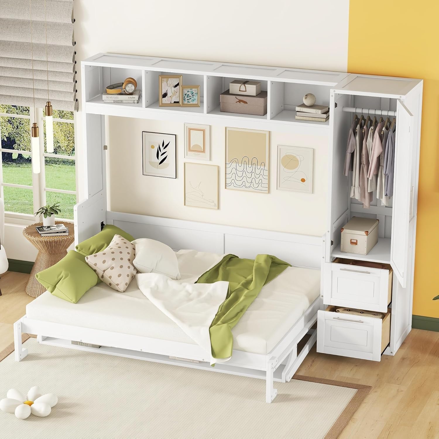 MERITLINE Queen Murphy Bed with Storage Shelves and Wardrobe Closet,Wood Folding Murphy Wall Bed Cabinet with Drawers,for Bedroom Office Guest Room,Foldable