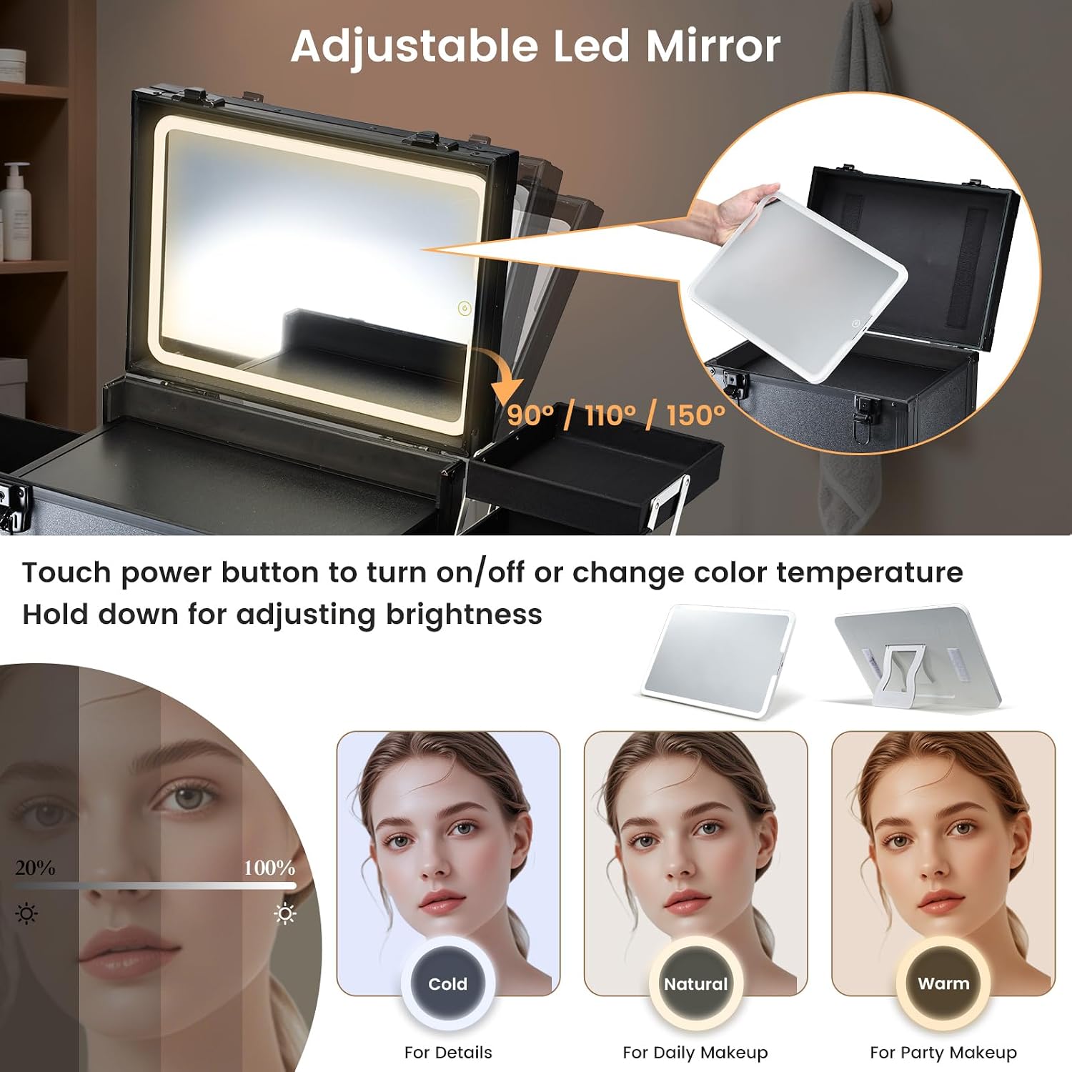 Rolling Makeup Case with LED mirror, Cosmetology Case on Wheels with Lighted Mirror, Professional Salon Trolley Cart with 3 Drawers,Travel Makeup Lockable Beauty Organizer with Live Stream Light