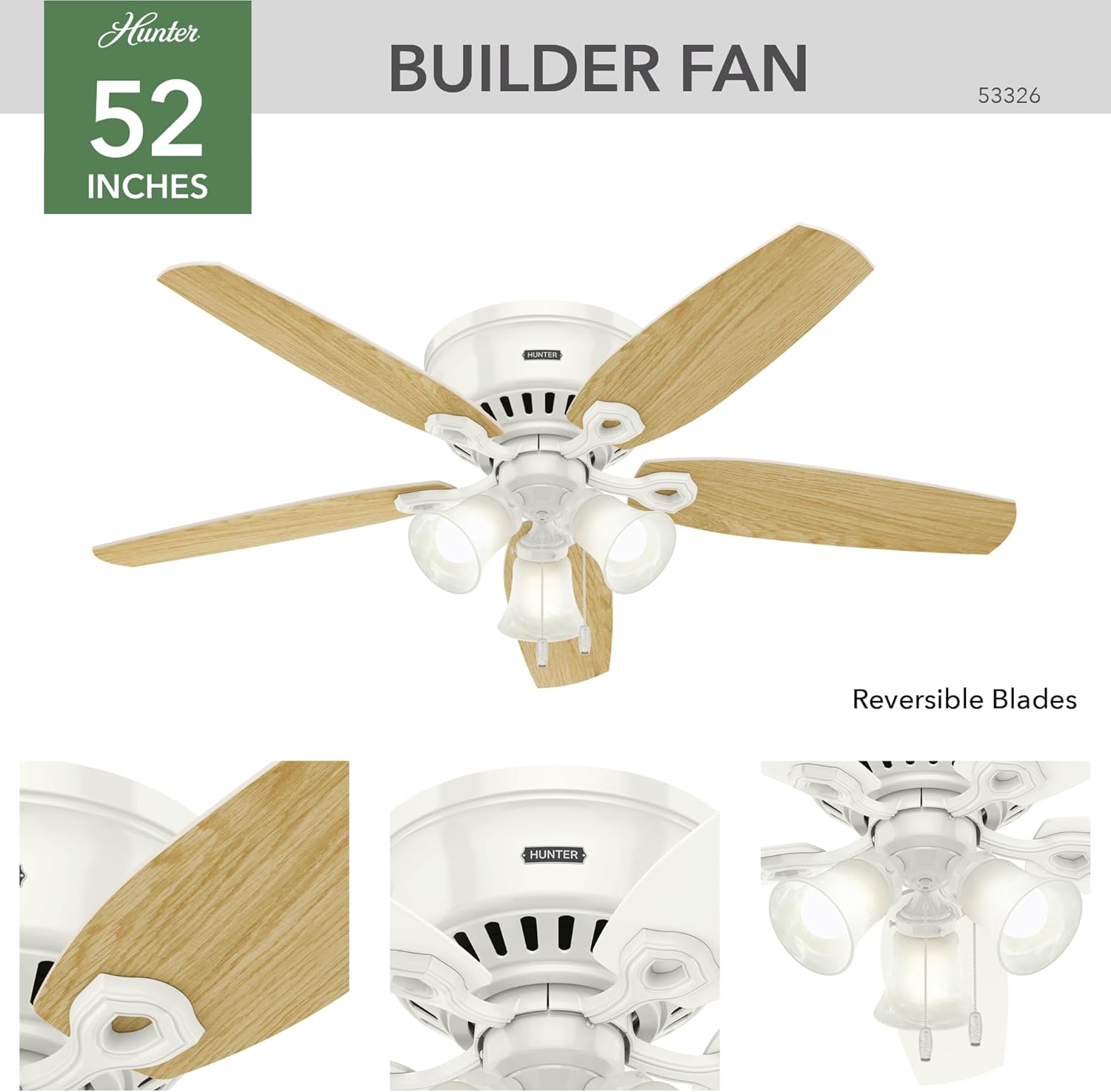 Hunter 52 inch Indoor Ceiling Fan with LED Lights - White Ceiling Fan with Pull Chain, For Bedroom, Living Room, or Kitchen, Low Profile Flush Mount, No Remote, 5 Blades - Builder 53326, Snow White