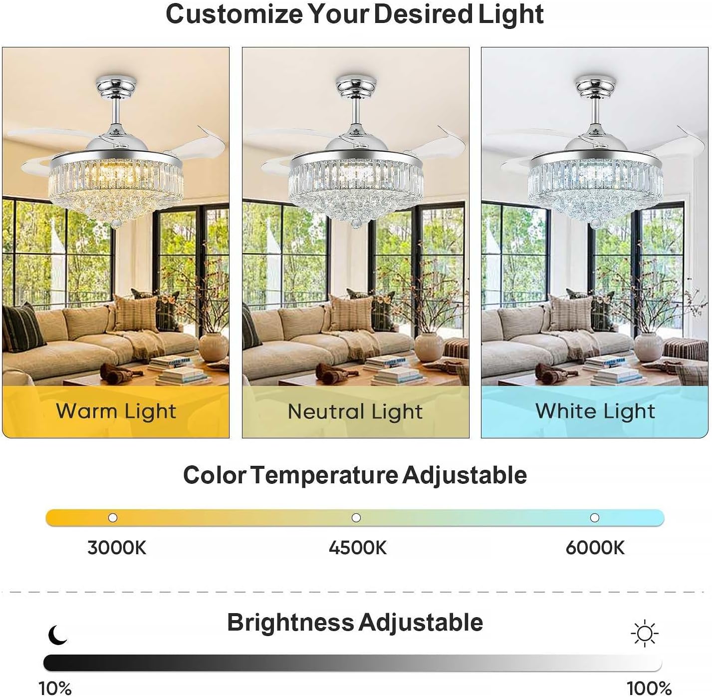 48 Inch Fandelier Ceiling Fans with Light, Chandelier Ceiling Fan, Retractable Ceiling Fan for Bedroom, Living Room, 3 Color Change, LED Dimmable, 6 Speeds, Reversible DC Motor- Chrome