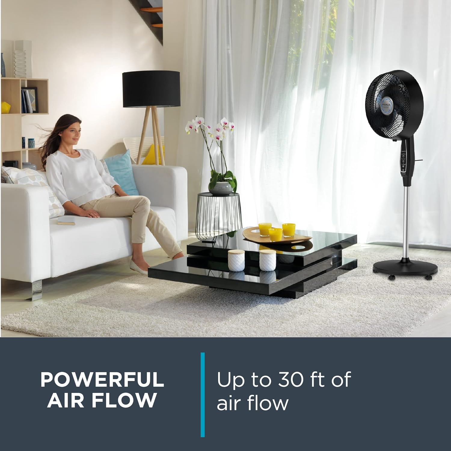 Rowenta, Pedestal Fan, Extreme Outdoor Fan with Remote, 65 Inches, Ultra Quiet Fan, Oscillating, Portable, 3 Speeds, Digital Control, Black, Ourdoor, VU4510