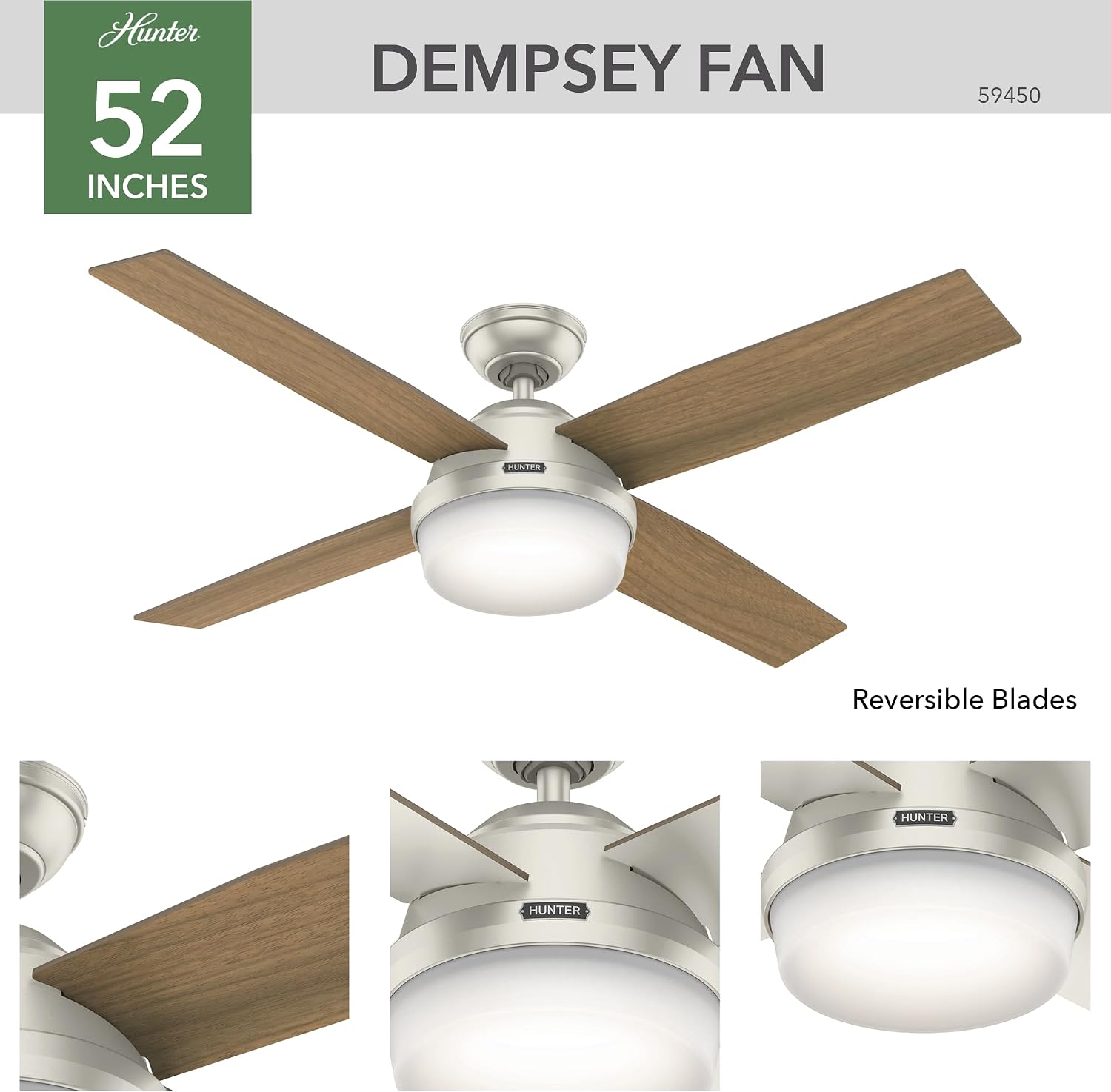 Hunter 52 inch Outdoor or Indoor Ceiling Fan with LED Light and Remote Control - Modern Ceiling Fan, Standard Mount, 4 Blades, For Patio, Porch, Garage, or Living Room - Dempsey 59450, Matte Nickel