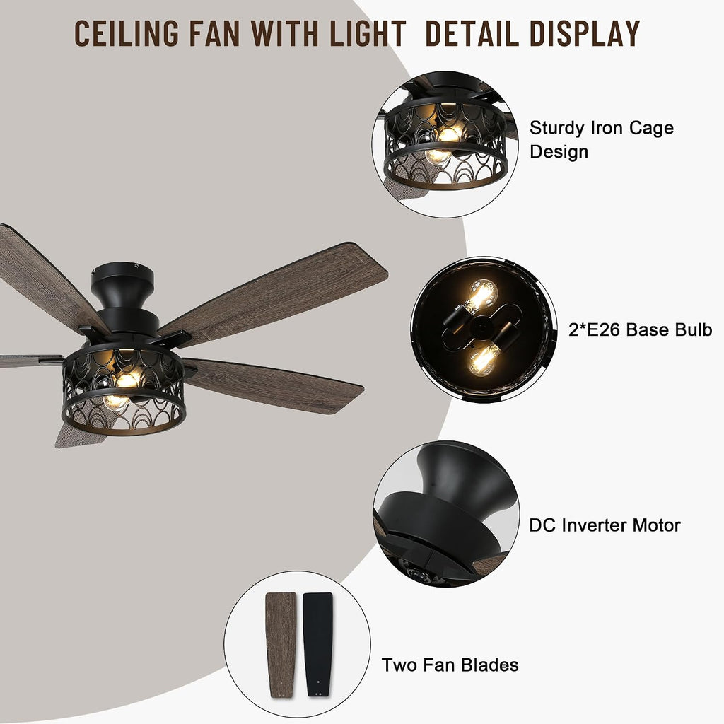 52'' Ceiling Fan with Lights, Flush Mount Farmhouse Ceiling Fan with Remote Control, 6 Speeds Reversible DC Motor, Low Profile Industrial Caged Ceiling Fan for Bedroom Living Room