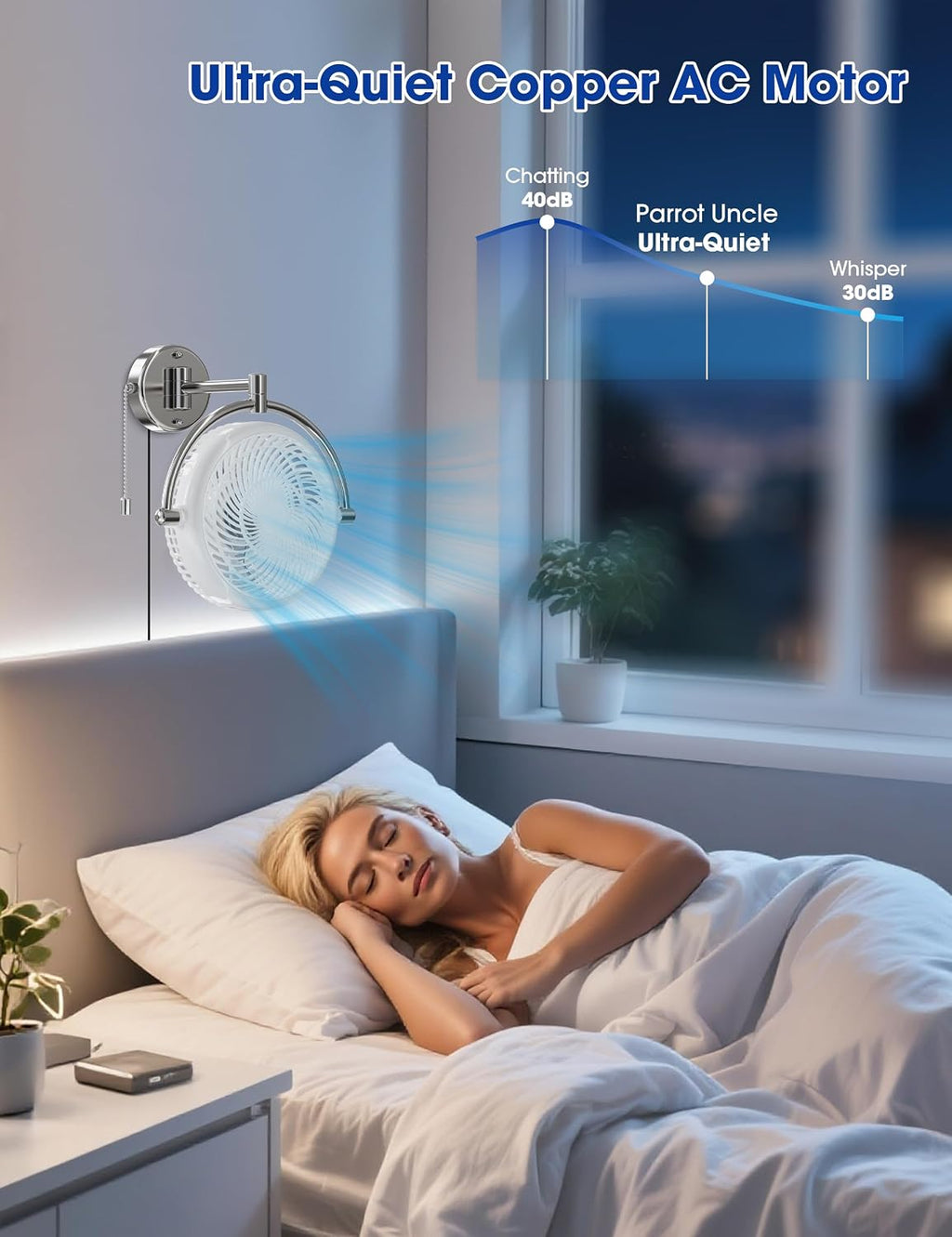 Wall Mount Fans with Pull Chain, 10 Inch Wall Fans Quiet Oscillating Wall-Mounted Fan, Adjustable Folding Arm, 2-Speed Plug-in Ceiling Fan for Bedroom, Living Room, Bathroom, Patio, Kitchen, White