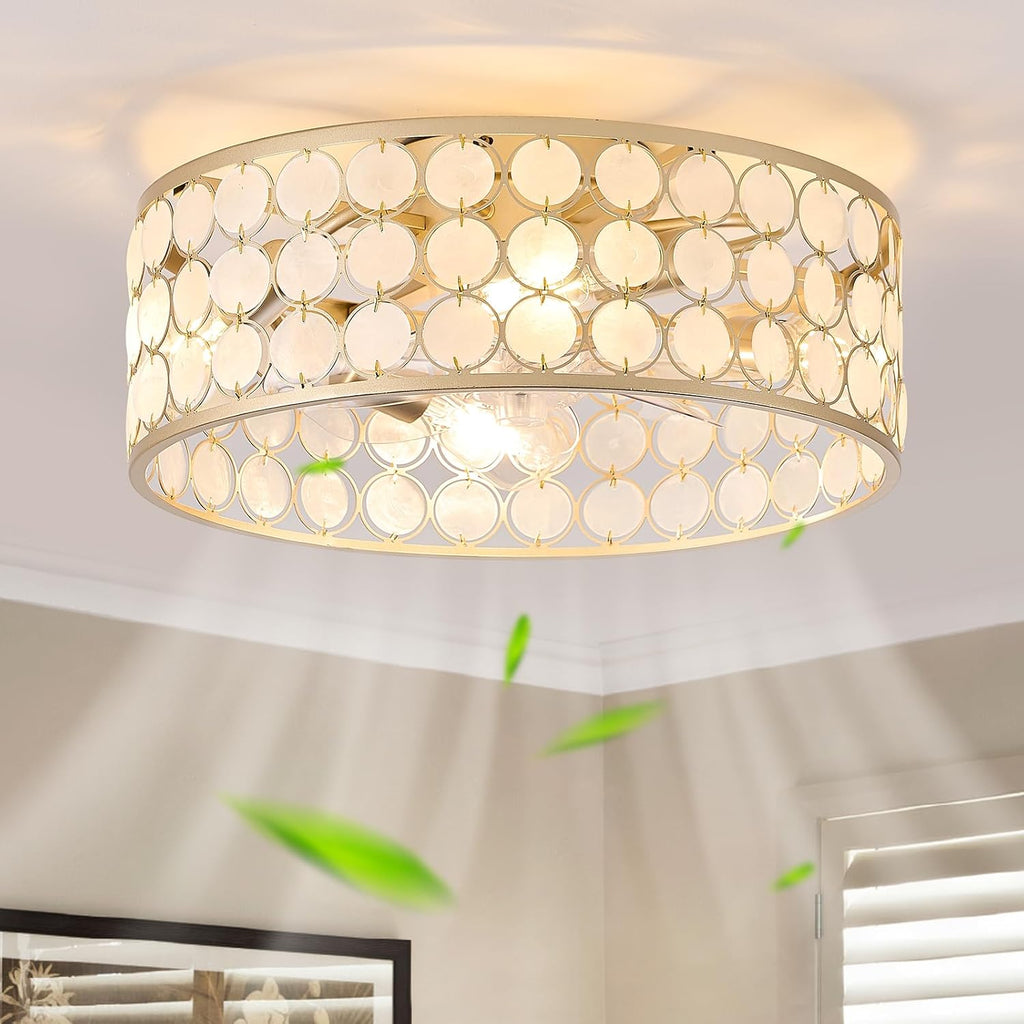 20'Boho Ceiling Fans with Lights and Remote Capiz Fandelier Ceiling Fan with Light Coastal Enclosed Caged Ceiling Fan for Bedroom，Nursery,Foyer,Kitchen(6 Speeds Gold Shade and White Shells )