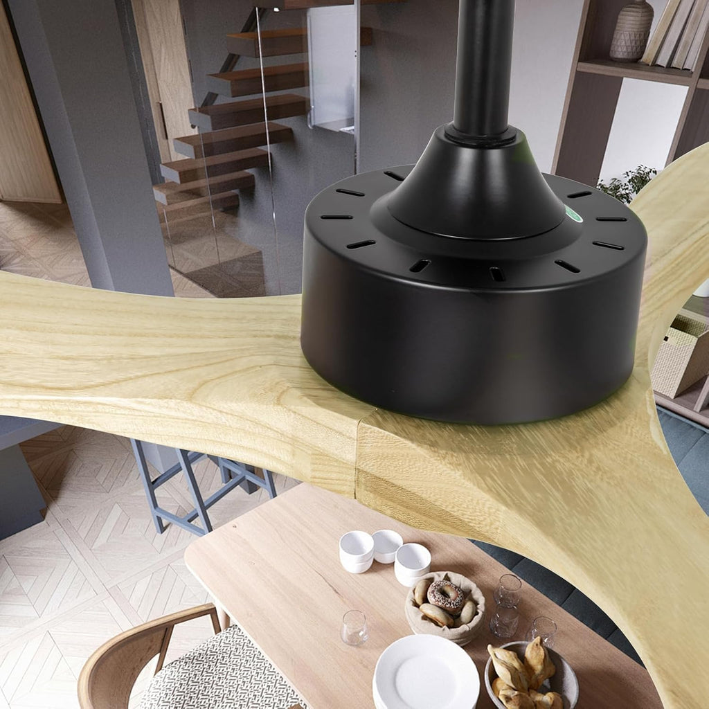 52 inch Ceiling Fans with Lights and Remote, 3 Natural Wood Blades, Modern Indoor/Outdoor Ceiling Fan for Living Room Bedroom Farmhouse Patio, 6 Speeds, Dimmable, Noiseless Reversible DC Motor