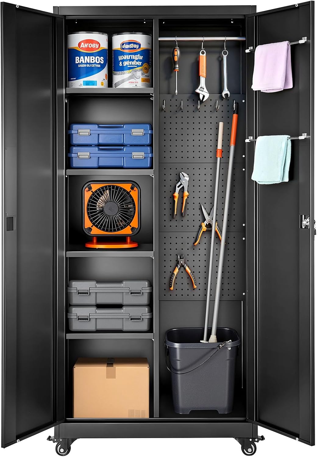VEVOR Metal Storage Cabinet, 70.6 in Rolling Steel Garage Cabinet with Adjustable Shelves, 2 Magnetic Doors, Hanging Rod & 3 Rod Hooks, 5 Tiers Lockable Tool Storage for Pantry, Warehouse, Basement