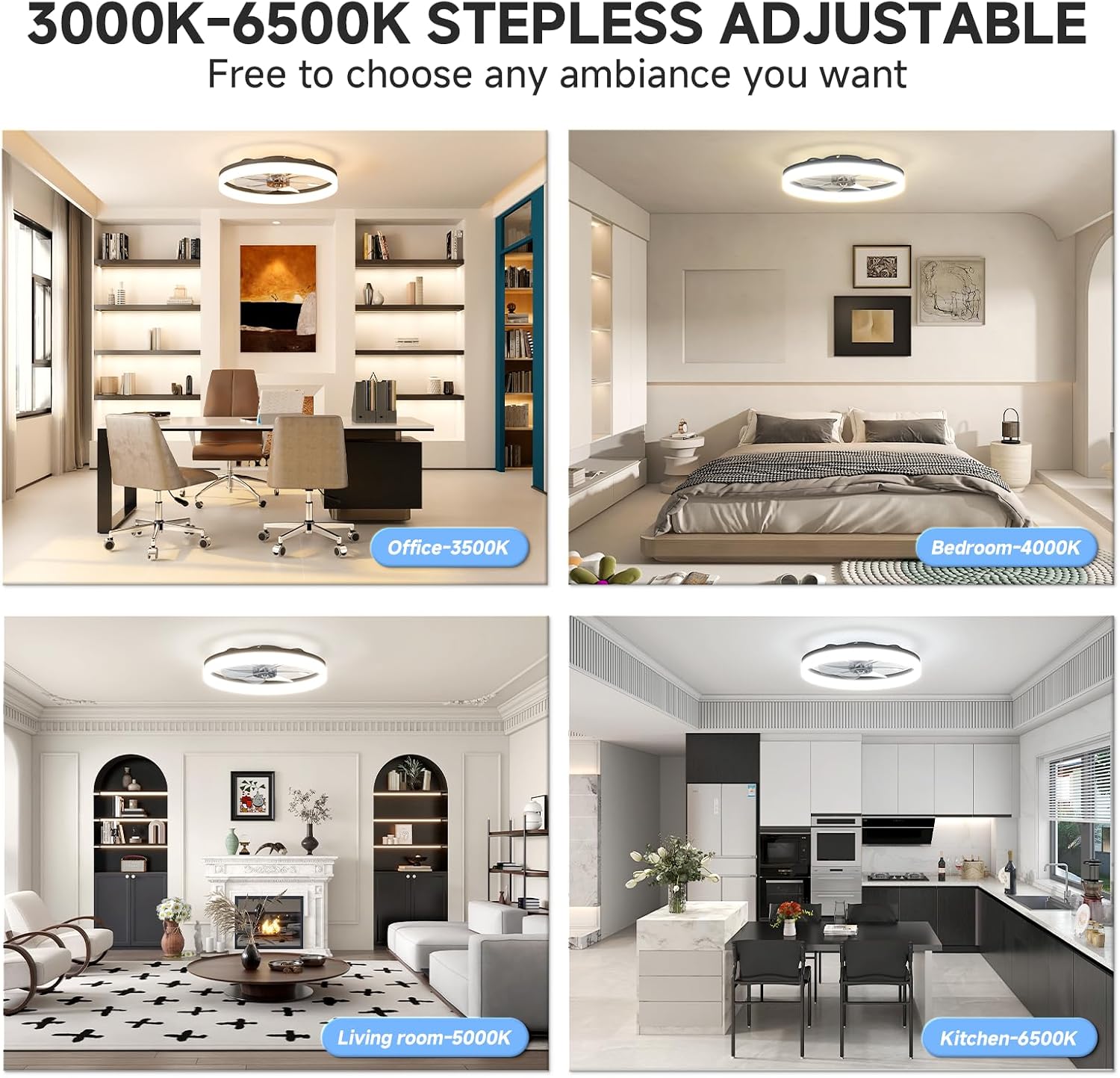 VOLISUN Low Profile Ceiling Fans with Lights and Remote, 23.6in Fandelier Ceiling Fan with Light, 3000K-6500K Dimmable Bladeless LED Fan Light, Black Flush Mount Ceiling Fans with Lights for Bedroom