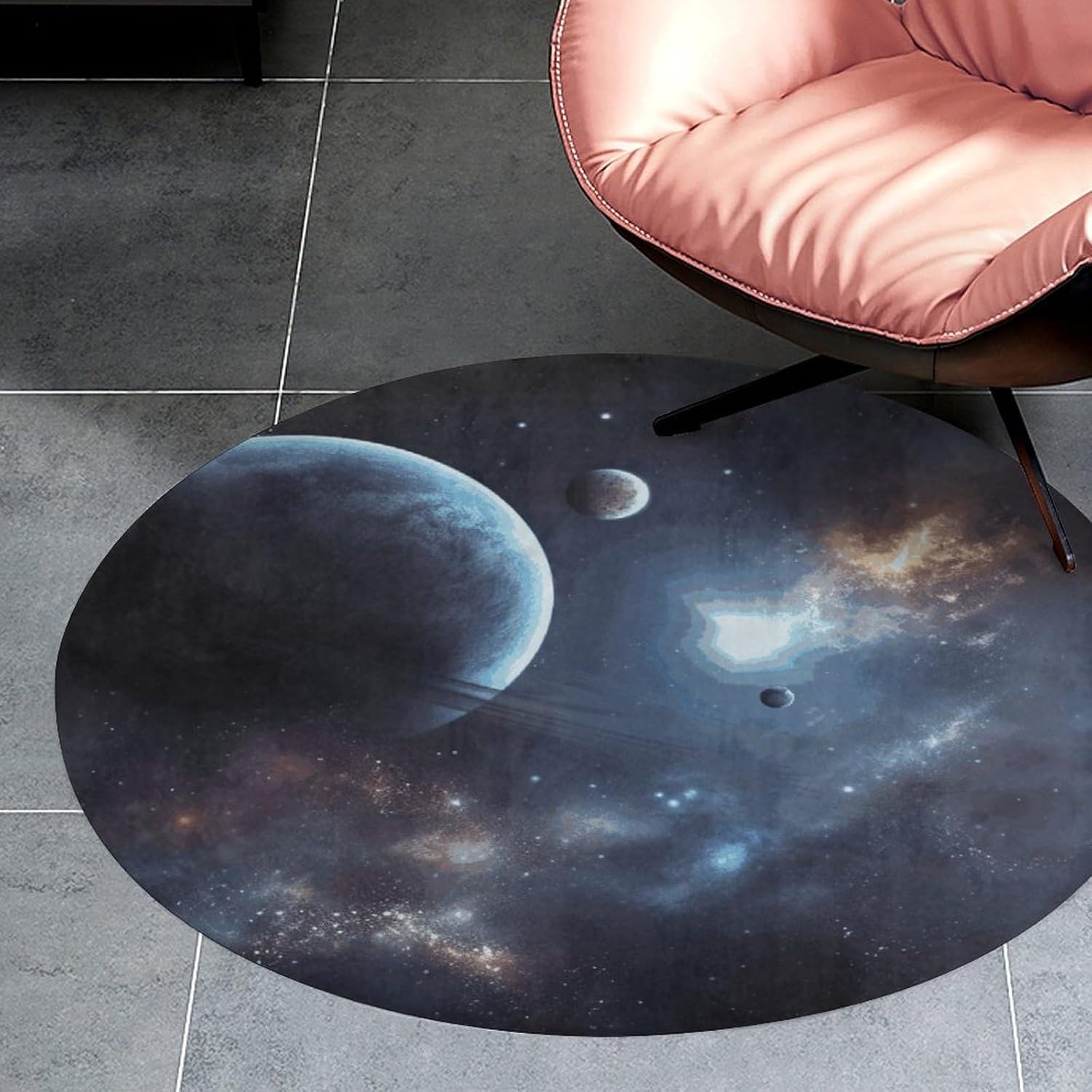 Moon Stars and Planets Coral Velvet Round Floor Mat Non-Slip Bath Rug Floor Covering for Bathroom Vanity Guest Suite & Vacation Home