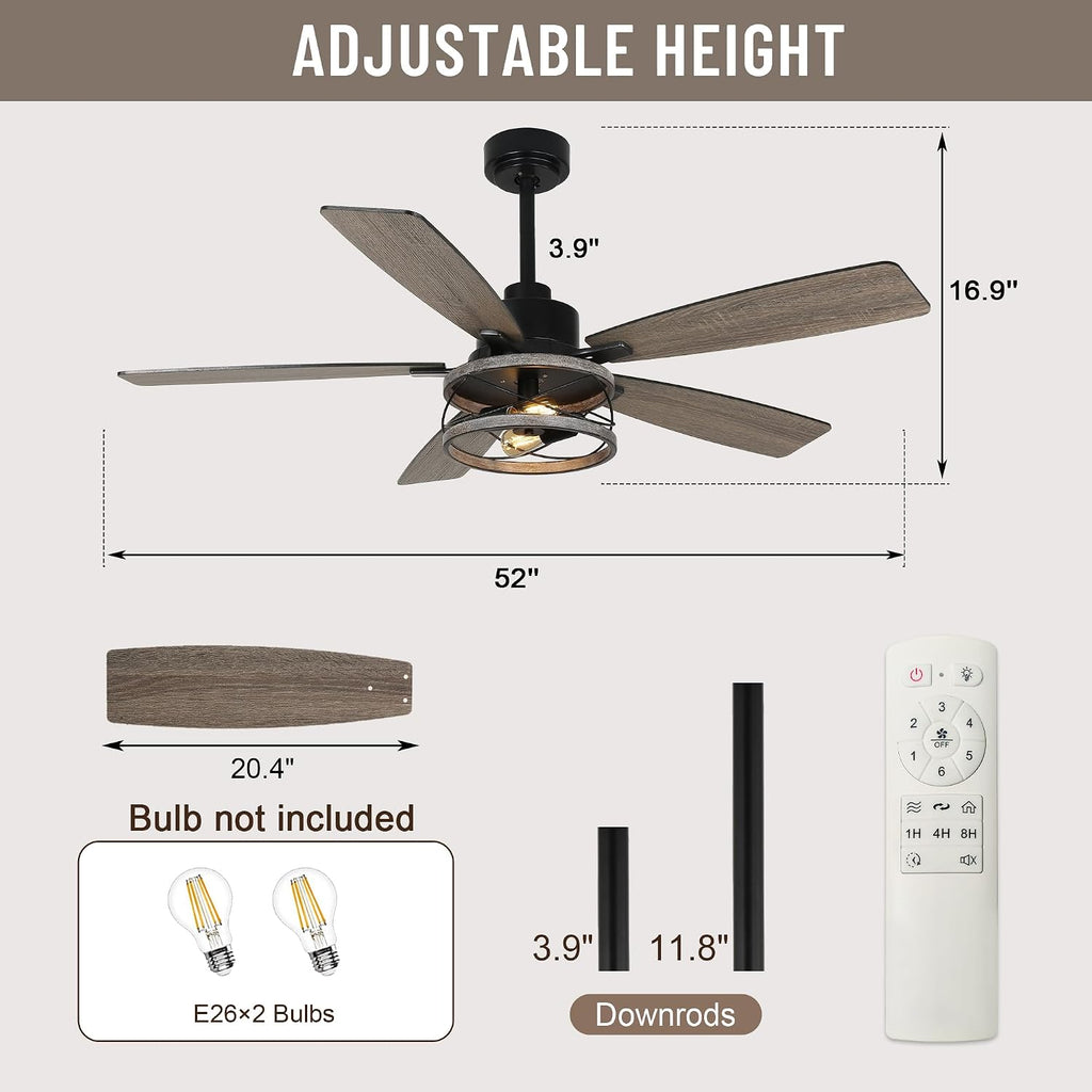 52'' Ceiling Fans with Lights and Remote,6 Speed,Reversible Quiet DC Motor,Dual Finish 5 Blades,Farmhouse Industrial Caged Rustic Ceiling Fan for Living Room/Dining Room