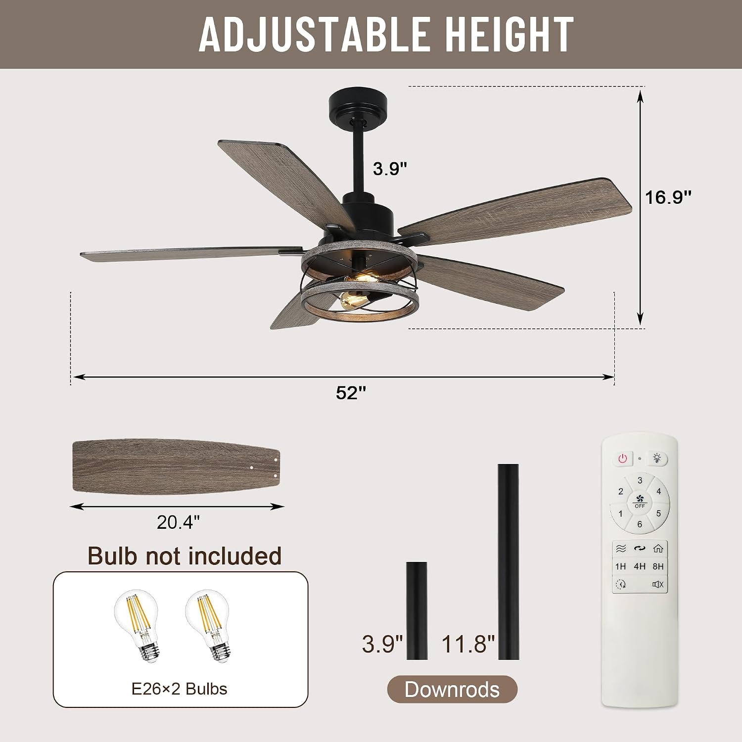 52'' Ceiling Fans with Lights and Remote,6 Speed,Reversible Quiet DC Motor,Dual Finish 5 Blades,Farmhouse Industrial Caged Rustic Ceiling Fan for Living Room/Dining Room