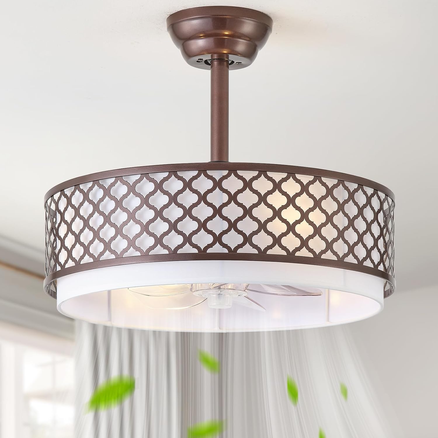 20' Brown Fandelier Ceiling Fan with Lights, Rustic Farmhouse Caged Ceiling Fan with Light Remote Control, Rattan with 6 Speeds for Bedroom, Nursery, Living Room
