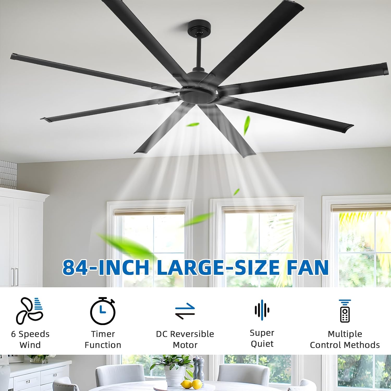 YYEHON 84 Inch Large Industrial Ceiling Fan no Lights, Reversible Dc Motor, 3 Downrods, 6 Speed Remote Control, 8 Aluminum Blades, Black Outdoor Fans for Shop/Gym/Warehouse/Garage