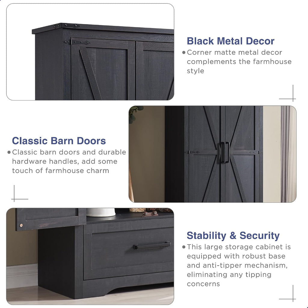 Farmhouse Kitchen Pantry Cabinet - 72' Tall Wood Kitchen Storage Cabinets with Adjustable Shelves & 2 Barn Doors & Drawer, Versatile Storage for Dining Room, Bathroom, Utility Room, Antique Black | Large