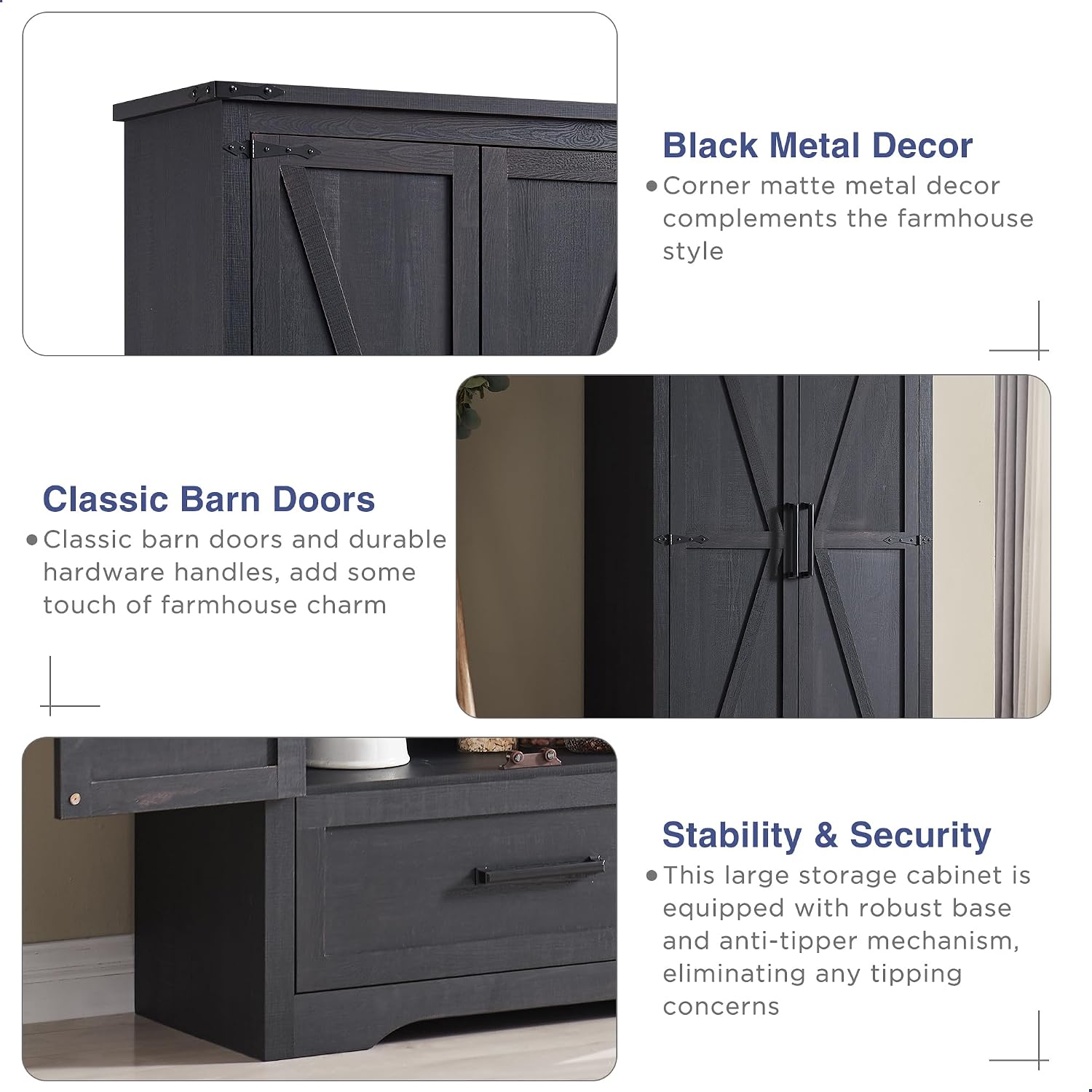 Farmhouse Kitchen Pantry Cabinet - 72' Tall Wood Kitchen Storage Cabinets with Adjustable Shelves & 2 Barn Doors & Drawer, Versatile Storage for Dining Room, Bathroom, Utility Room, Antique Black | Large