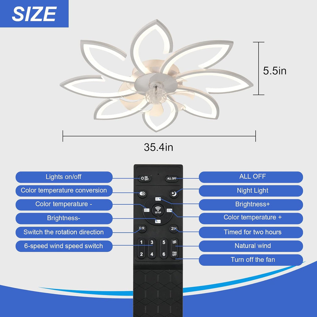 35' Geometric Ceiling Fan with Light Remote Control, 6 Speeds 3 Colors, White Low Profile Flush Mount Ceiling Fan for Kitchen Bedroom Living Room