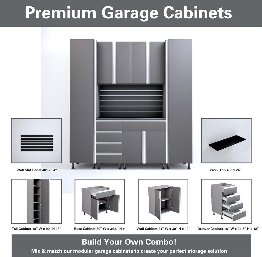 Premium Garage Cabinets 7' Storage Sets Solution with Adjustable Legs, Soft-Close Drawer & Door, Integrated Handles, Heavy Duty Plywood Box Construction, Tool and Equipment Organizer (Combo 7CS-011A)