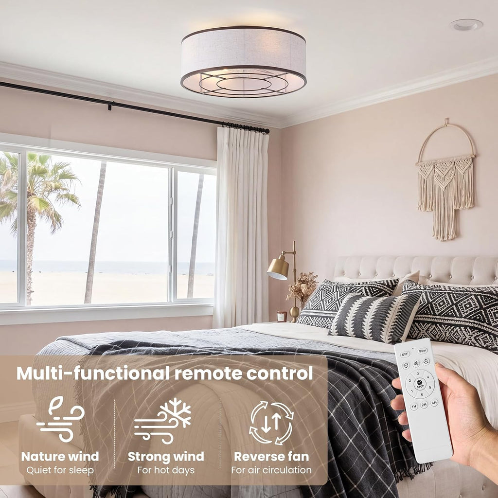 20 Inch Boho Ceiling Fan with Light, Low Profile Flush Mount Caged Ceiling Fan, Bladeless Brown Drum Chandelier with Remote, 6 Speed Reversible DC Motor for Bedroom Living Room, Nursery