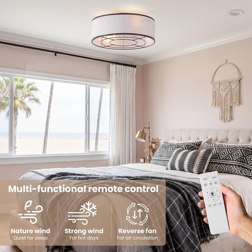 20 Inch Boho Ceiling Fan with Light, Low Profile Flush Mount Caged Ceiling Fan, Bladeless Brown Drum Chandelier with Remote, 6 Speed Reversible DC Motor for Bedroom Living Room, Nursery