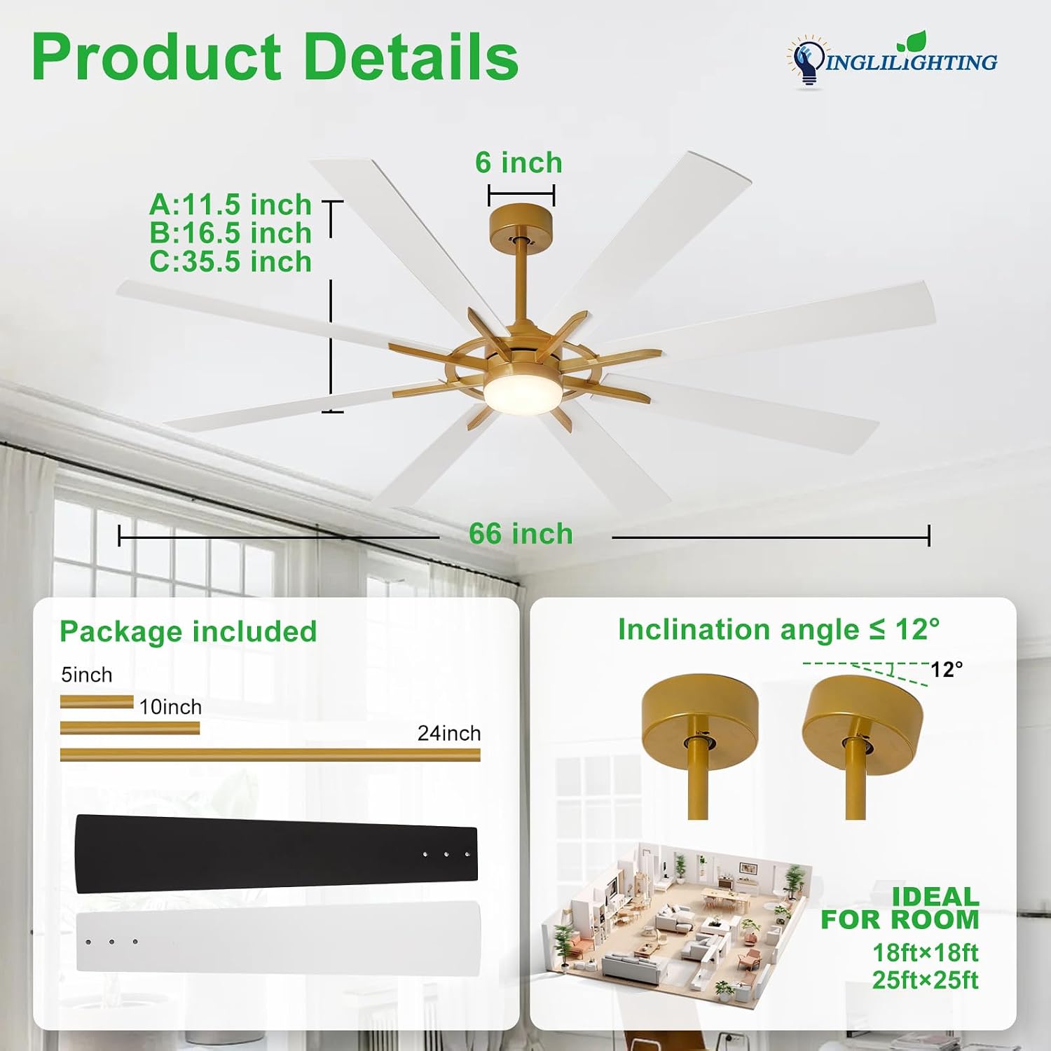 DLLT 66-Inch Ceiling Fan with Light: Farmhouse 8-Blade Bronze White Indoor Outdoor Fans with Remote App Control Dimmable Light - Ultra Quiet DC Motor Reversible 6 Speed Timer