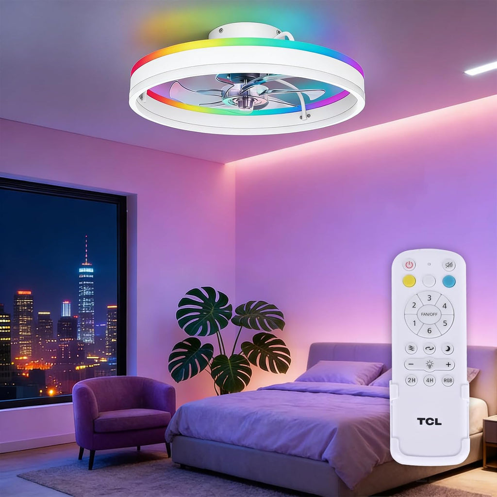 TCL 20'' Flush Mount Ceiling Fan with Lights and Remote, RGB Backlight Dual Lighting Mode, Modern Low Profile Ceiling Fan with Quiet DC Motor, Stylish Lighting for Bedroom, White