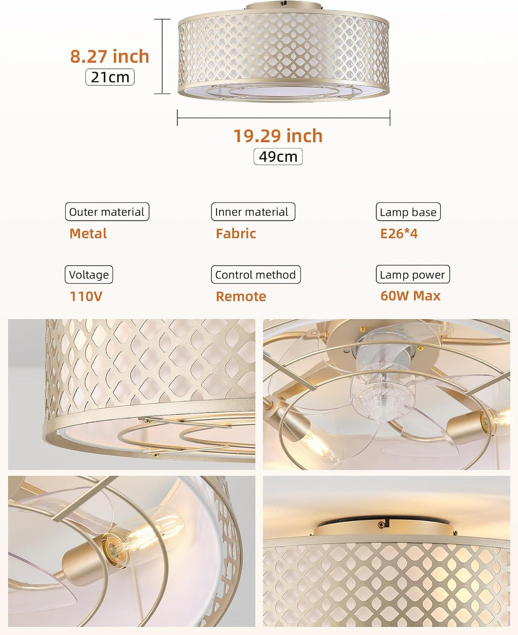 20' Gold Ceiling Fan with Light Flush Mount, Boho Ceiling fans with lights Remote Control, with 6 Speeds for Bedroom, Nursery, Living Room