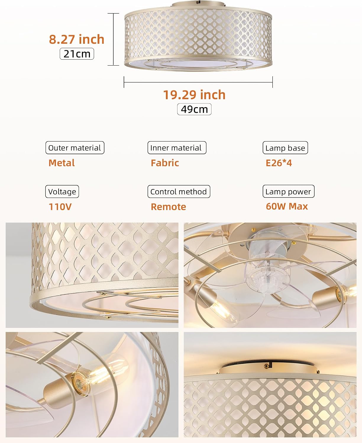 20' Gold Ceiling Fan with Light Flush Mount, Boho Ceiling fans with lights Remote Control, with 6 Speeds for Bedroom, Nursery, Living Room