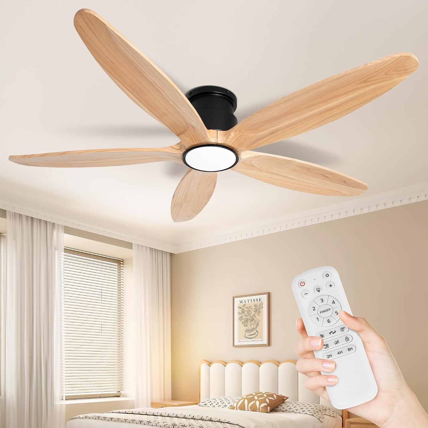 Wood Ceiling Fan with Lights, 52Inch Flush Mount Ceiling Fan with Remote Control, 5 Blades, DC Motor,3CCT,Natural Wooden Ceiling Fans for Bedroom, Living Room, Home Office,Indoor