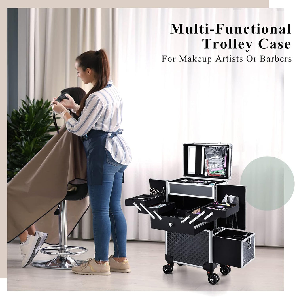 Professional Makeup Train Case Extendable Cosmetology Case on wheels | Rolling makeup station with a drawer and trays, ideal for makeup artists or dance competitions. Super organized.