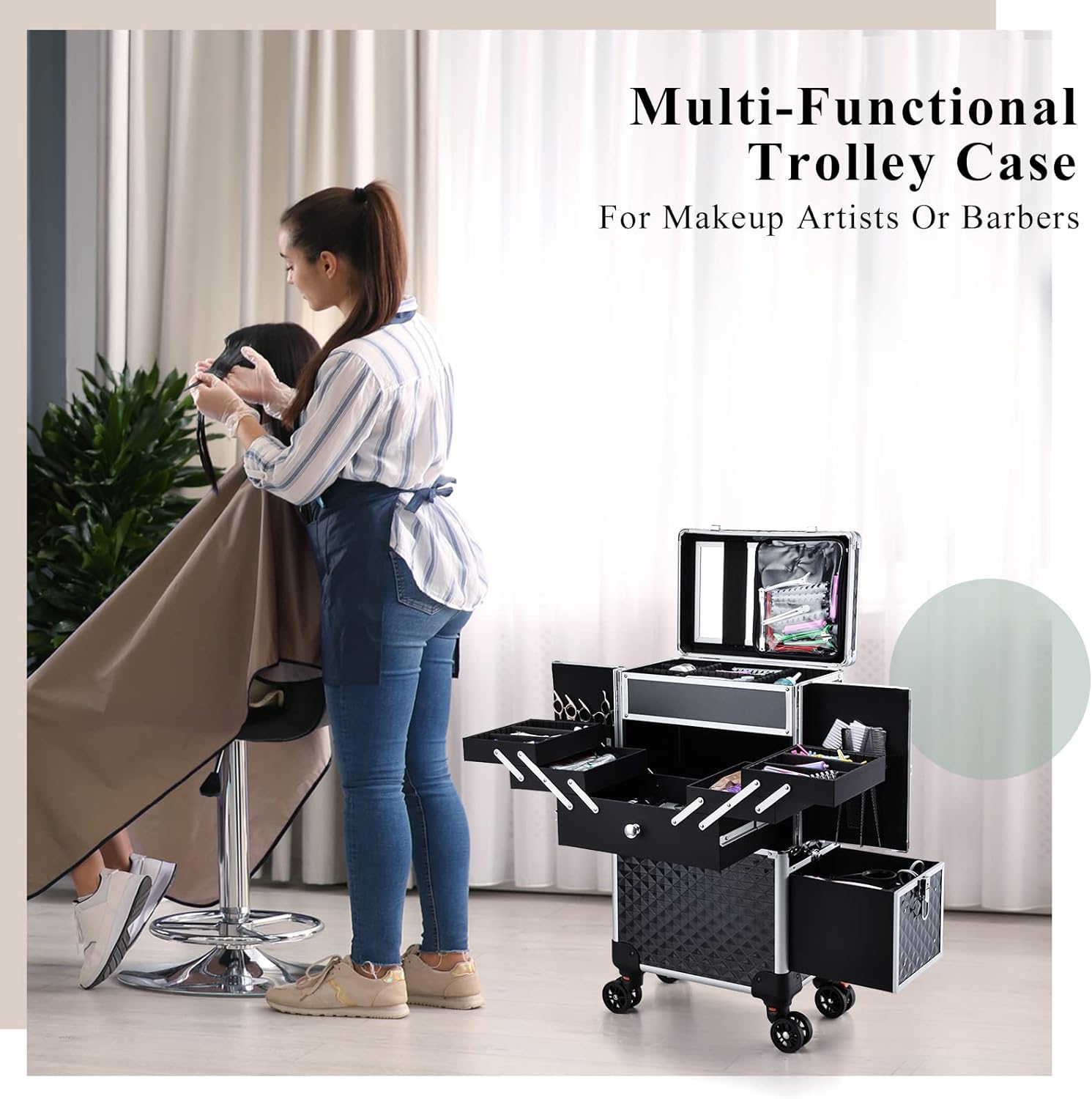 Professional Makeup Train Case Extendable Cosmetology Case on wheels | Rolling makeup station with a drawer and trays, ideal for makeup artists or dance competitions. Super organized.