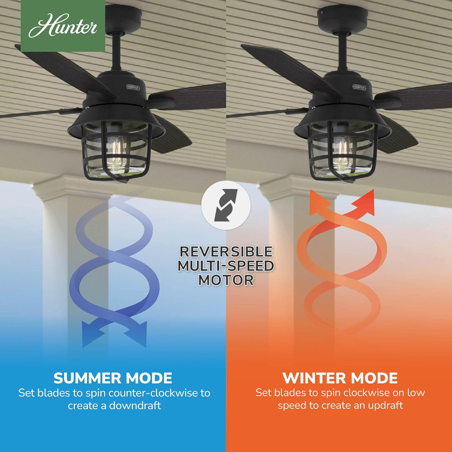 Hunter 52 inch Outdoor or Indoor Ceiling Fan with LED Light and Remote Control - Black Ceiling Fan, Standard Mount, 4 Blades, For Patio, Porch, or Living Room - Port Royale 50391, Natural Black Iron