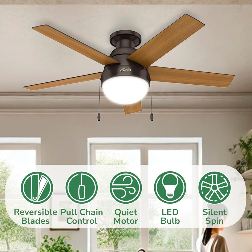 Hunter 46 inch Indoor Ceiling Fan with LED Light - Bronze Ceiling Fan with Pull Chain, For Bedroom, Living Room, or Kitchen, Low Profile Mount, No Remote, 5 Blades - Anslee 59268, Premier Bronze