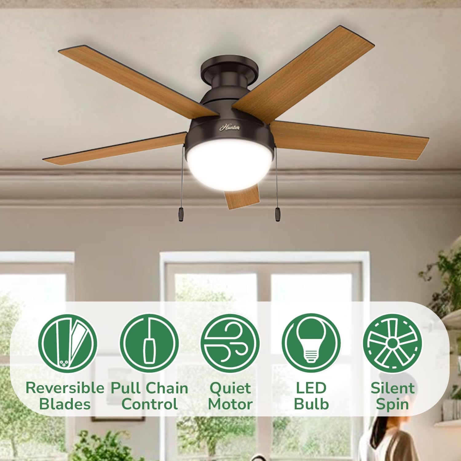 Hunter 46 inch Indoor Ceiling Fan with LED Light - Bronze Ceiling Fan with Pull Chain, For Bedroom, Living Room, or Kitchen, Low Profile Mount, No Remote, 5 Blades - Anslee 59268, Premier Bronze