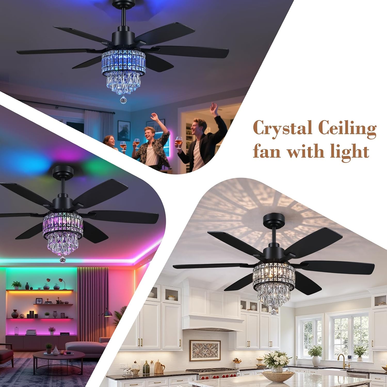 Kviflon 52 Inch Crystal Ceiling Fan with RGB Lights, Black Fandelier Ceiling Fan with Light and Remote/APP Control, Modern Chandelier Ceiling Fan for Bedroom Living Room, Quiet DC Motor, Dimmable LED