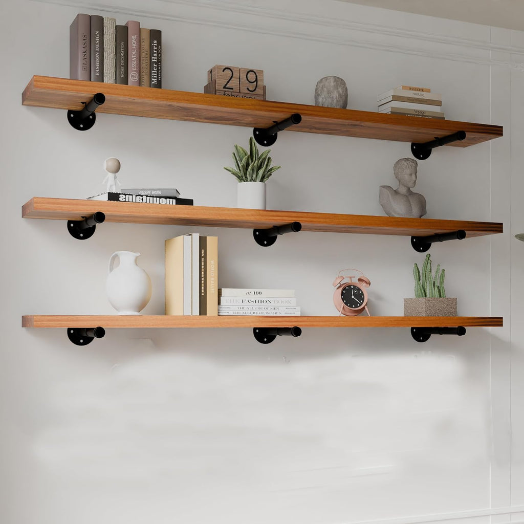 HDDFER Industrial Pipe Wall Wood Shelves,Real Wooden Shelves 48' in Special Brown Color with 1.2' Extra Thickness, Modern Floating Shevles Bookshelf Shelving Units for Rustic Farmhouse Decor