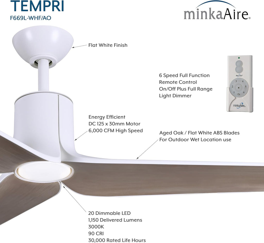 MINKA-AIRE F669L-WHF/AO Tempri 56' 3-Blade LED Indoor/Outdoor Ceiling Fan in Flat White and Aged Oak Finish Blades with Etched Lens